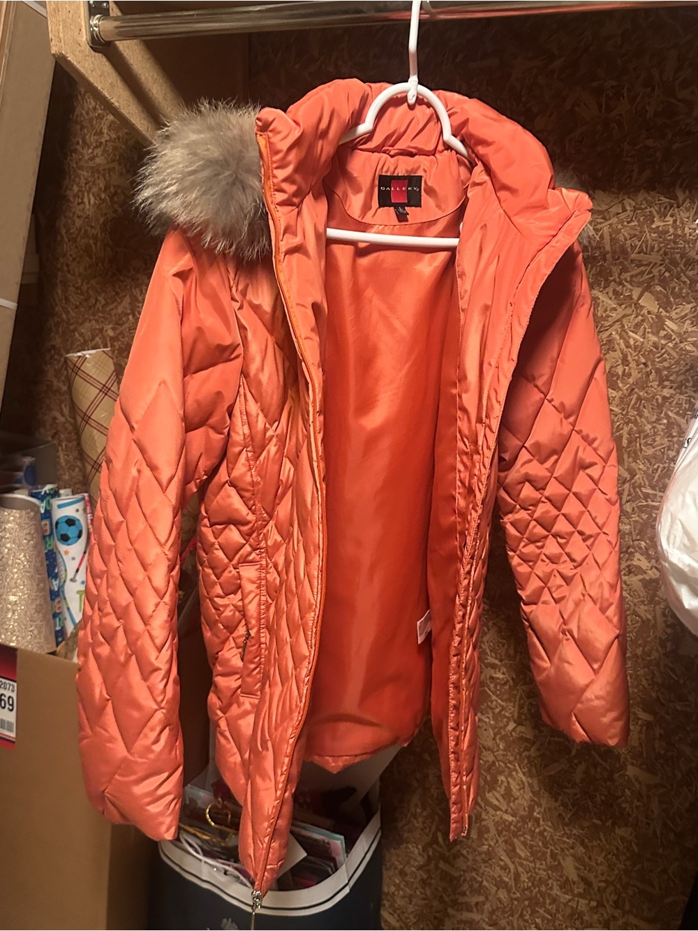 Gallery Orange Quilted Puffer Coat with Faux-Fur Hood Trim